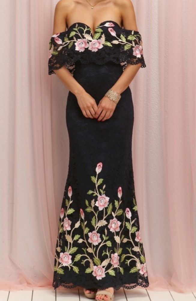 Navy Off Shoulder Lace Dress